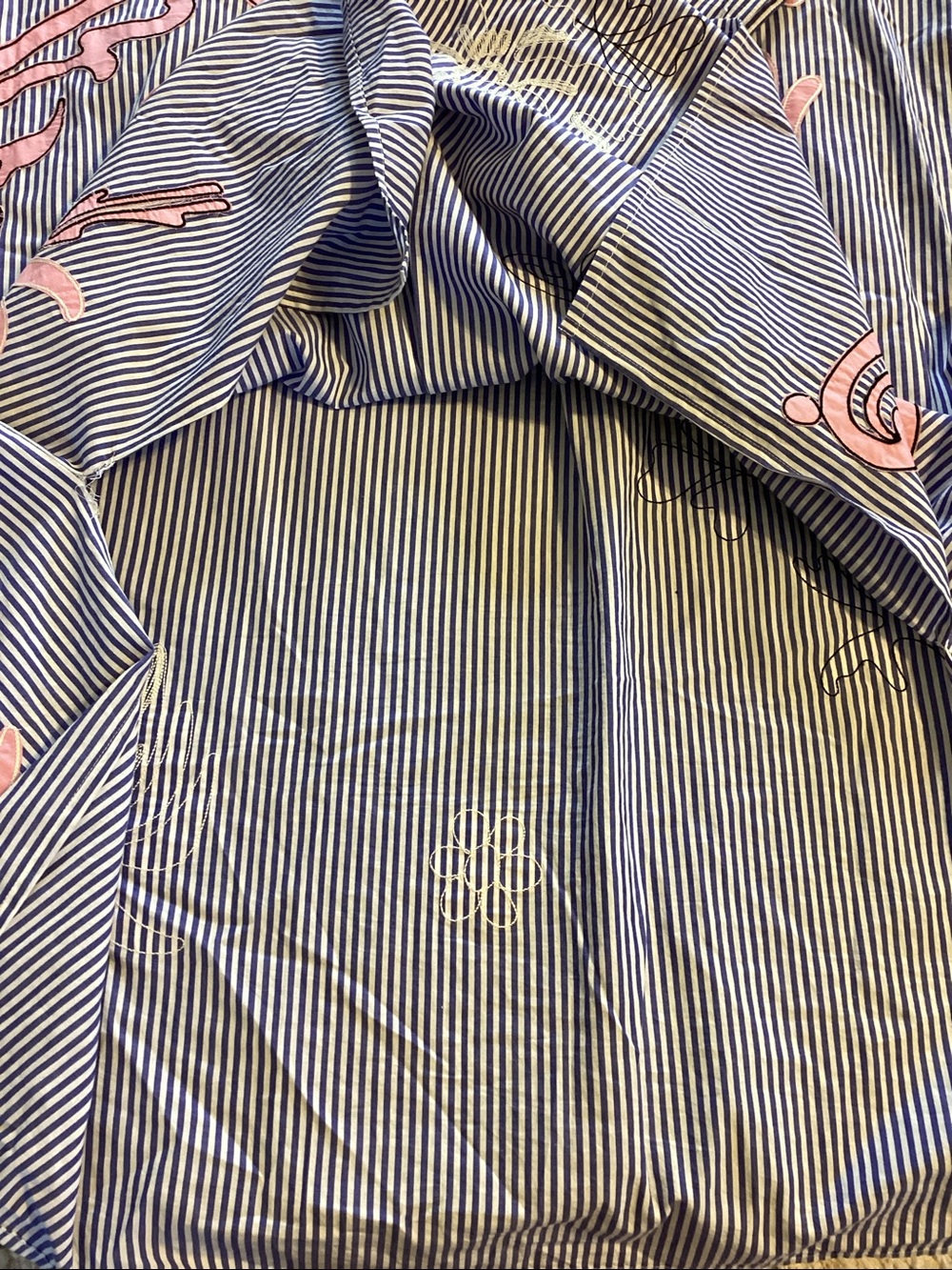 Tory Burch blue and white striped shirt dress with pink embroidered flowers. - Picture 13 of 16